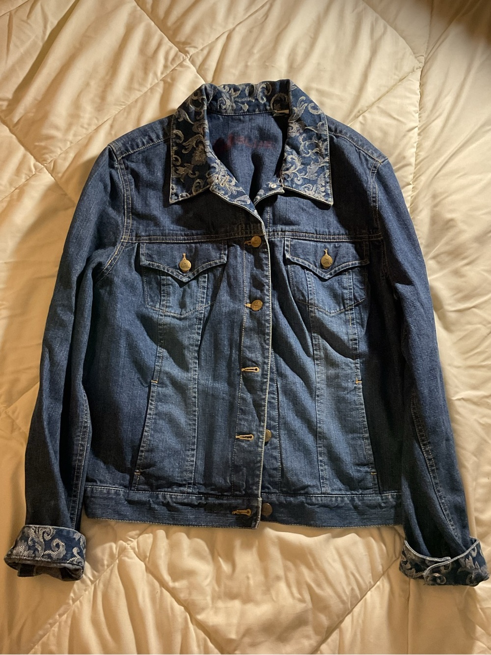 Women's Dark Blue Denim Jacket with Embroidered Collar